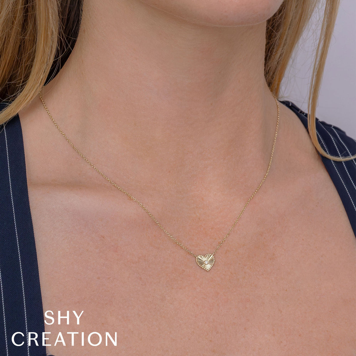 0.02CT 14K Y/G DIAMOND BEZEL RIBBED HEART NECKLACE