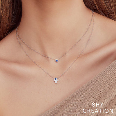 14K White Gold Diamond and Blue Sapphire Halo Necklace