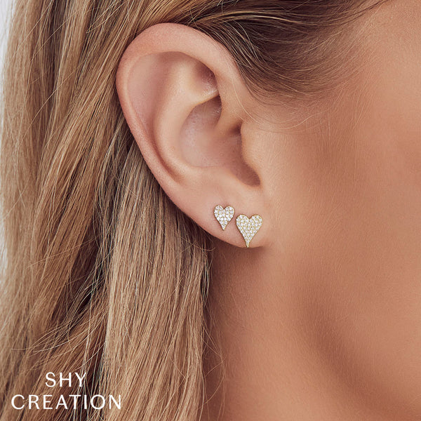 14K White Gold Pave Heart Stud Earrings